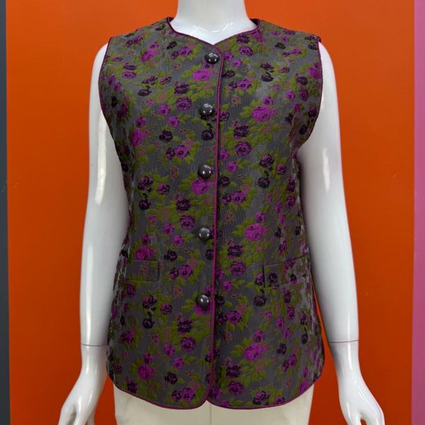 中老年妈妈春秋洋气新中式碎花有里衬包边外搭马甲