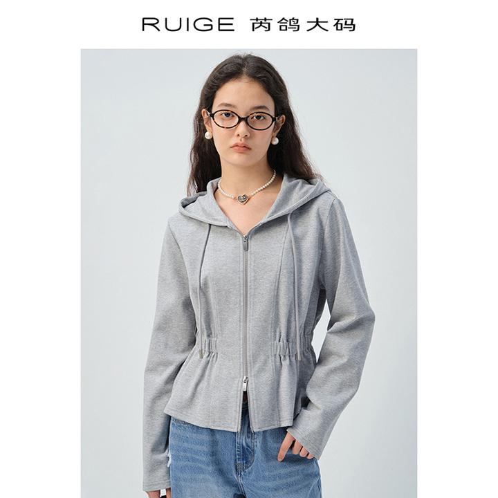 芮鸽微胖定制早秋季新款上衣收腰连帽卫衣外套女『潮范收腰帽衫』
