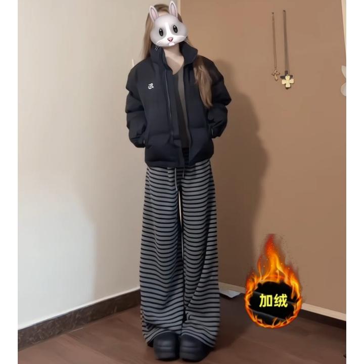 高个子加长黑灰色慵懒风条纹阔腿裤女秋冬加绒高腰宽松显瘦休闲裤