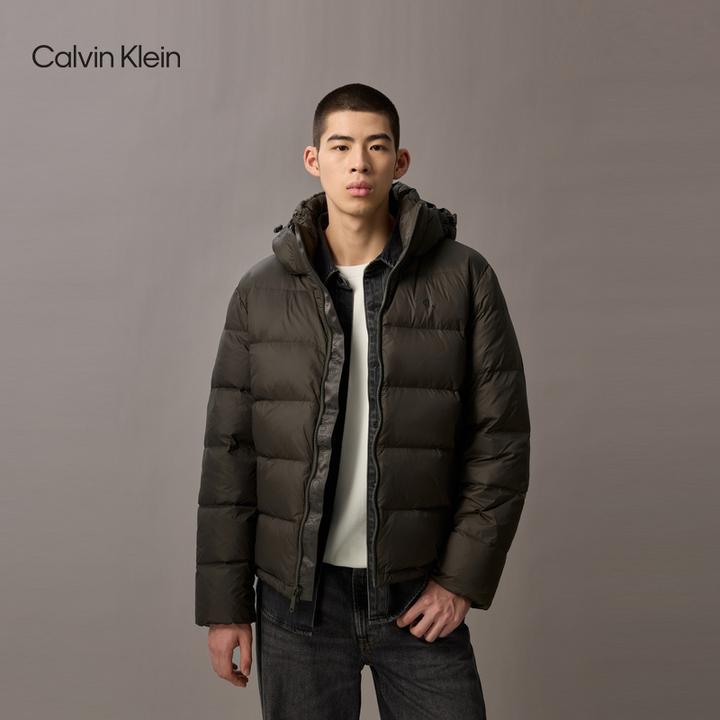 CK Jeans25秋冬新款男士休闲通勤印花鸭绒连帽羽绒服外套