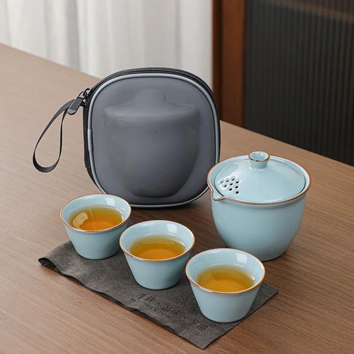 可开片天青汝窑旅行茶具小套装一壶三杯便携式带包户外露营泡茶器