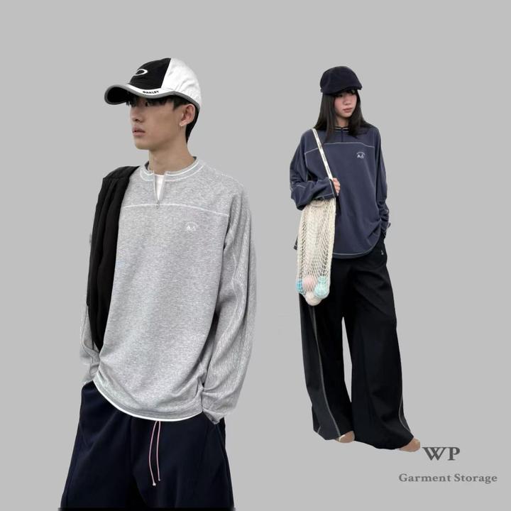 EXCEEDFOREST【素面利落】灰/藏蓝色撞色明线半拉链长袖T恤男女同款