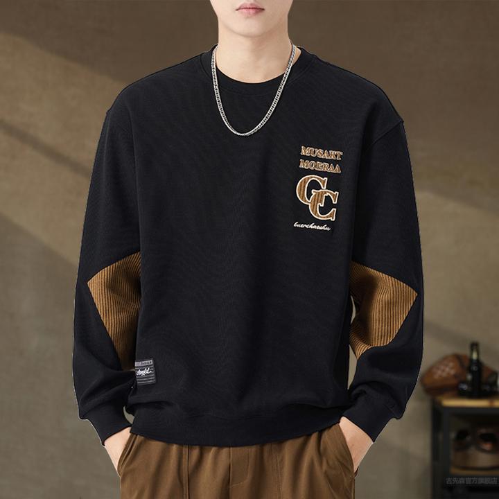 高端美式拼接撞色刺绣卫衣男士新款秋冬加绒潮牌宽松大码休闲衣服