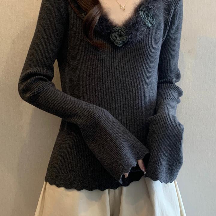 正肩打底衫上衣立体花朵V领喇叭袖针织衫女温柔甜美减龄上衣I6-83