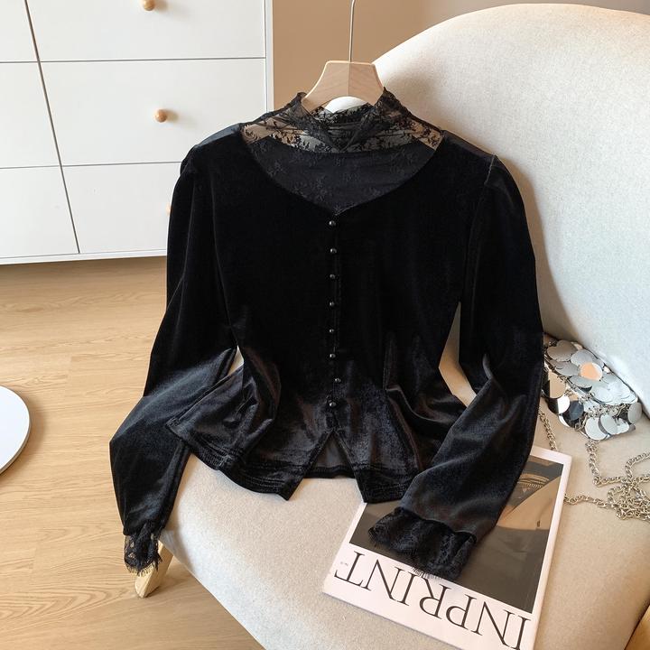 法式复古网纱拼接半高领长袖衬衫女气质高档黑色丝绒上衣春秋新款
