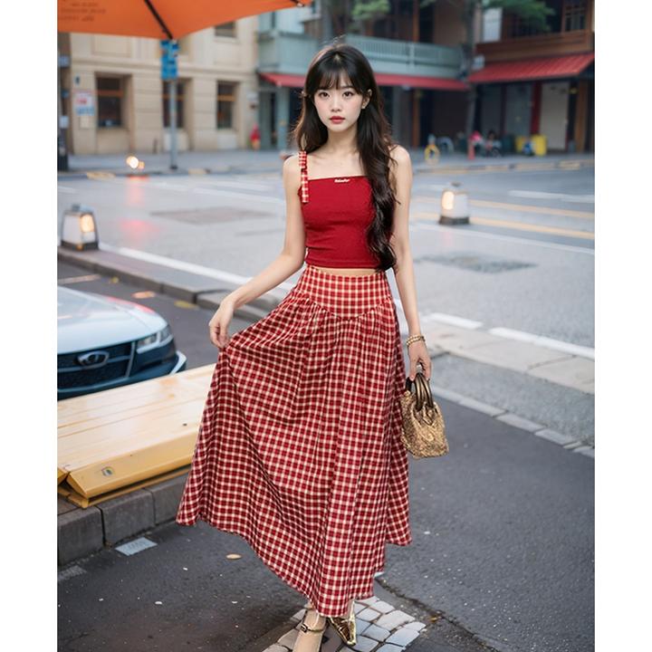 南法假日 夏装新款法式古着感红色上衣气质格纹半裙高级感两件套