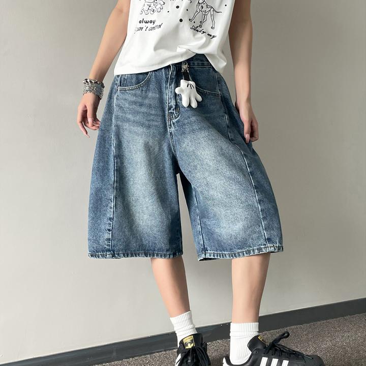 金靖同款美式复古做旧阔腿牛仔五分裤女夏季新款宽松显瘦直筒短裤