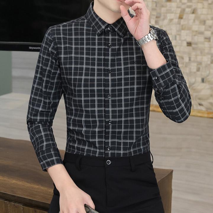 专业衬衫高档新款轻商务格子刺绣弹力抗皱长袖衬衫