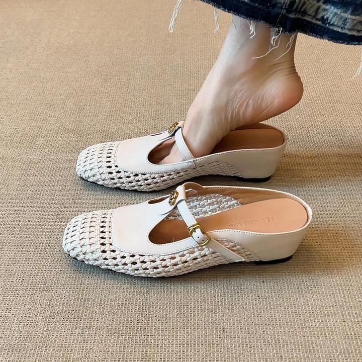 羊皮版~法式编织镂空透气真皮包头鞋女内增高T字带扣山茶花半拖鞋