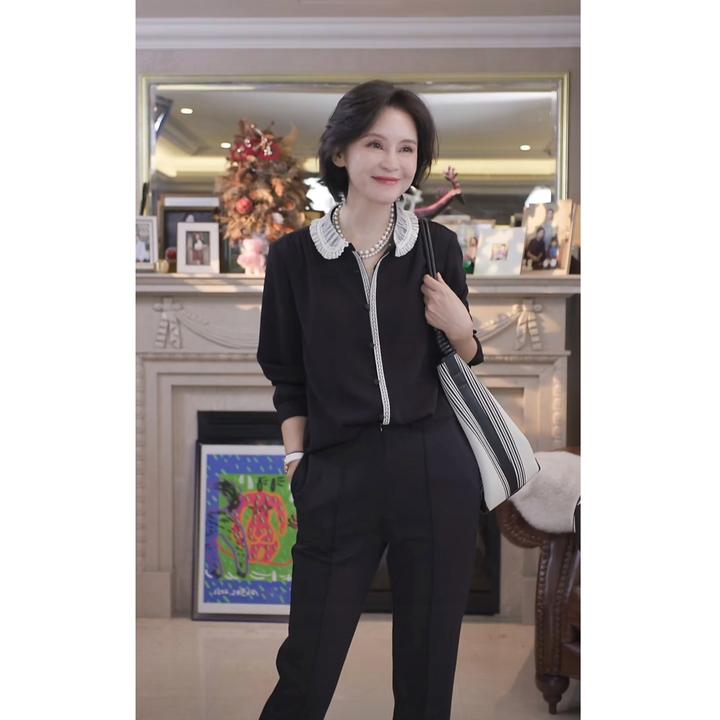 我是摩羯 芭蕾黑巧 日本帝人集团拼接蕾领娃娃领长袖H型秋季衬衫