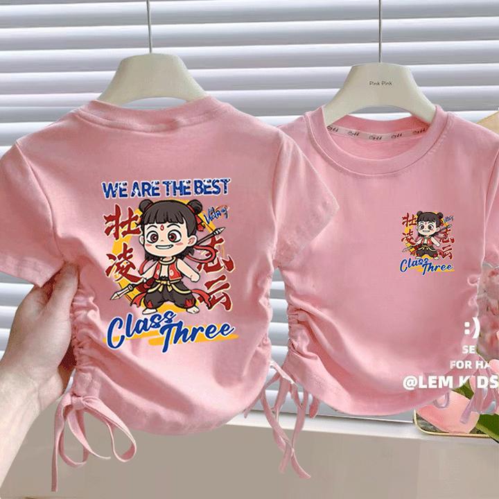 哪吒t恤儿童纯棉短袖印花卡通动漫夏季新款女童外穿抽绳设计打底T