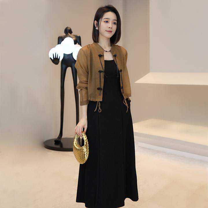 今年流行漂亮国风套装女春夏新中式盘扣防晒衬衫吊带连衣裙两件套