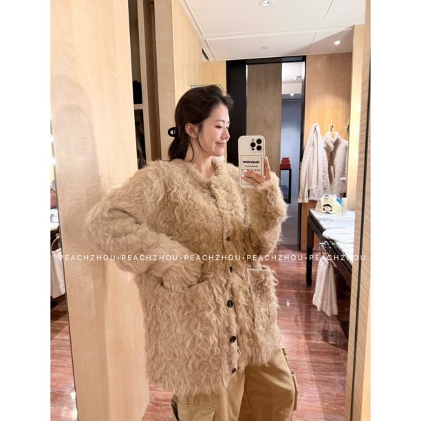 PEACHZHOU 羊毛混纺拉毛圈圈宽松休闲氛围感圆领撞色系扣毛衣外套