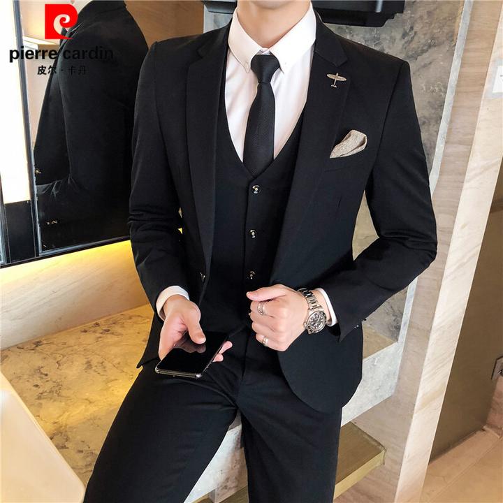 皮尔卡丹新款男士纯色休闲西服套装三件套小西装修身青年男装礼服
