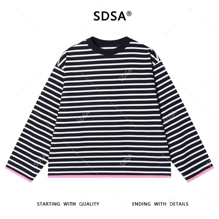 SDSA秋冬新款痞帅男装简约拼接撞色条纹圆领长袖T恤百搭套头上衣