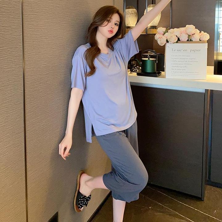 范哲萨带胸垫睡衣女夏天短袖莫代尔纯色家居服夏季慵懒风女士七分