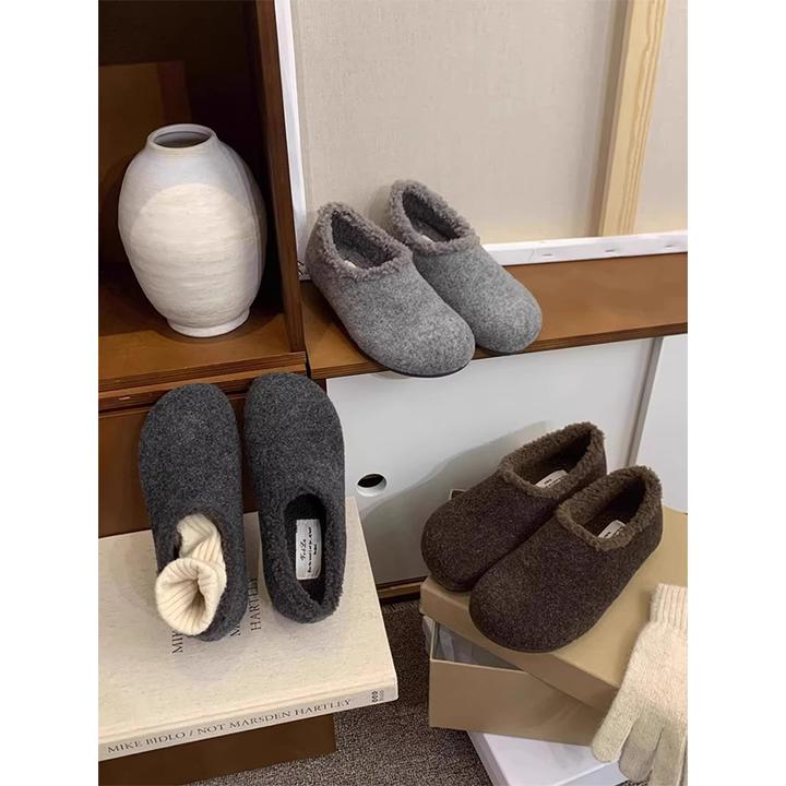 灰色毛毛鞋女冬外穿呢子单鞋一脚蹬平底勃肯鞋女加绒保暖豆豆棉鞋