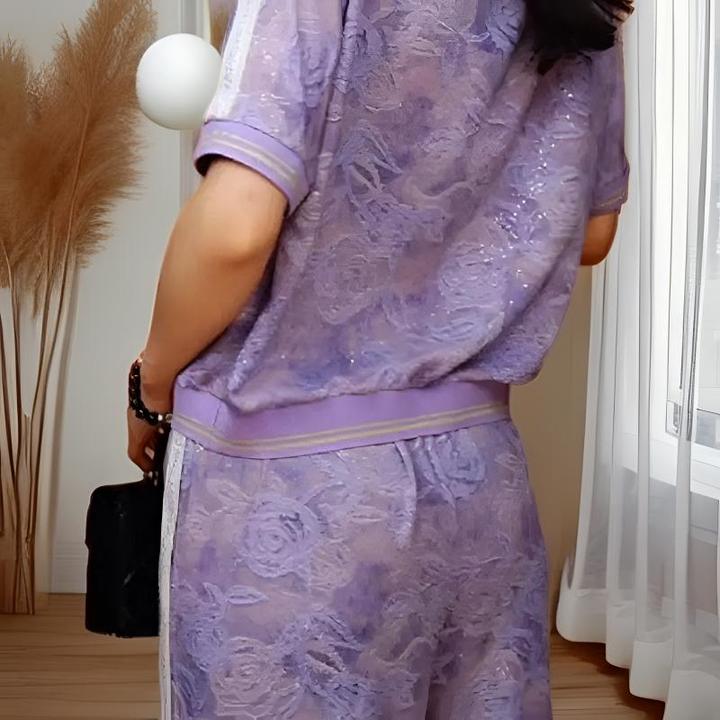 2025夏女紫色运动套装短袖阔腿裤显瘦爆款潮印花