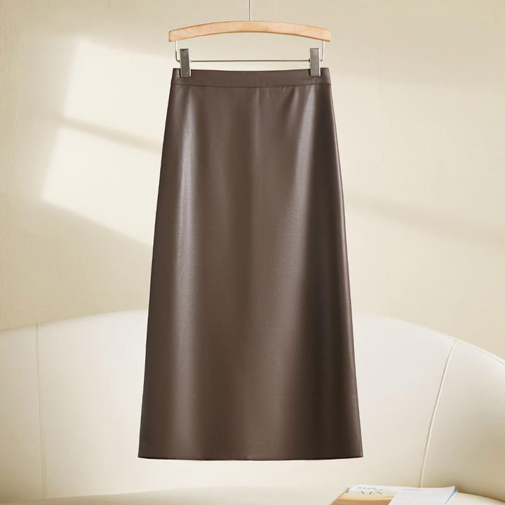 咖色加绒皮裙半身裙女秋冬新款高腰显瘦a字长款开叉pu皮直筒裙子