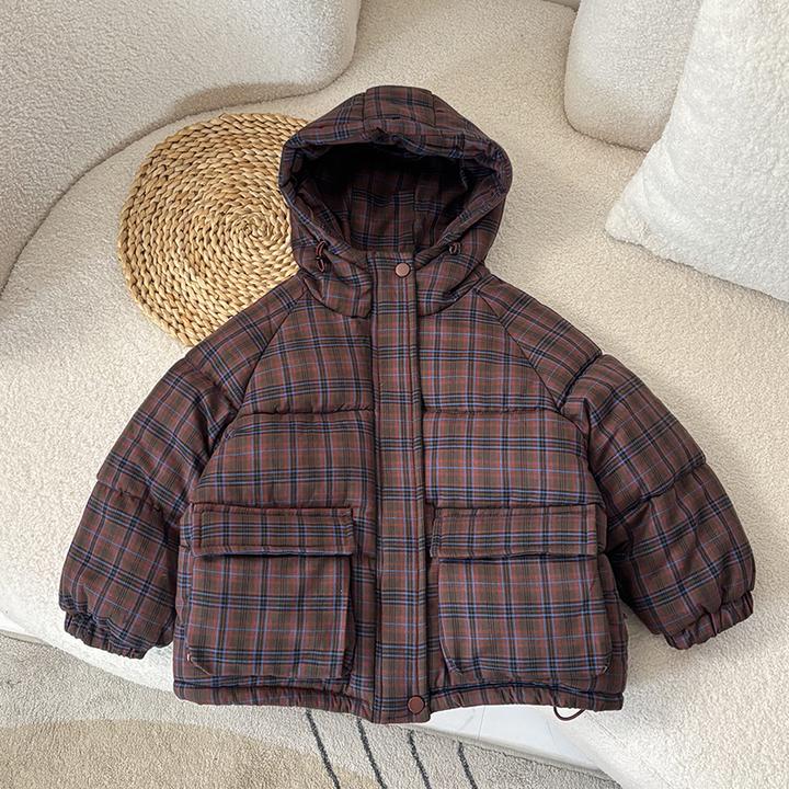 男童格子加绒冬装棉衣2025新款洋气宝宝加厚保暖冬季男孩连帽棉服