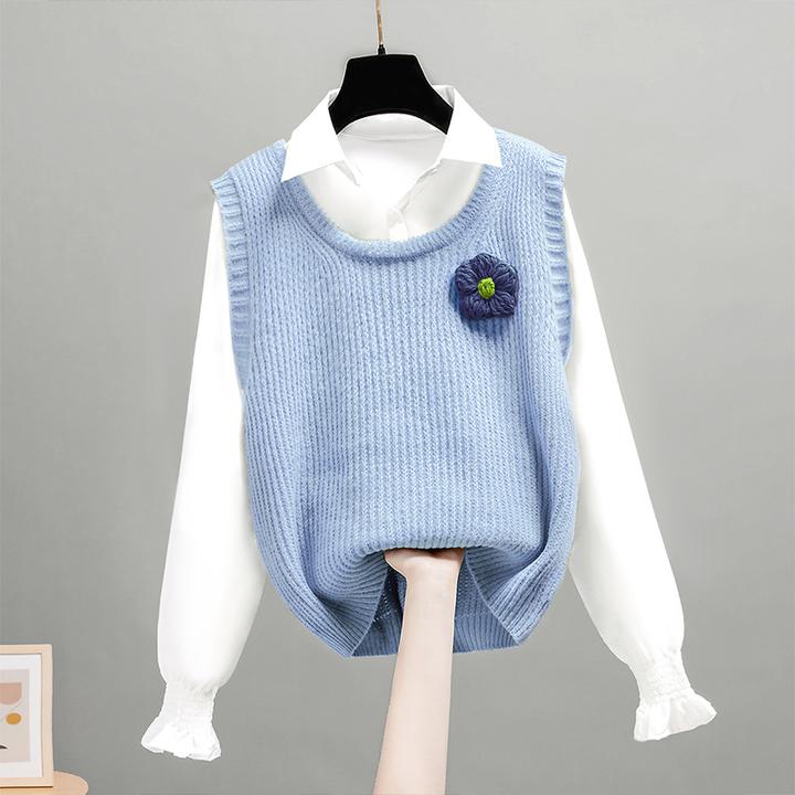 丝柏舍2025冬装新款女时尚长袖衬衫搭背心撞色针织套装S23S0049N