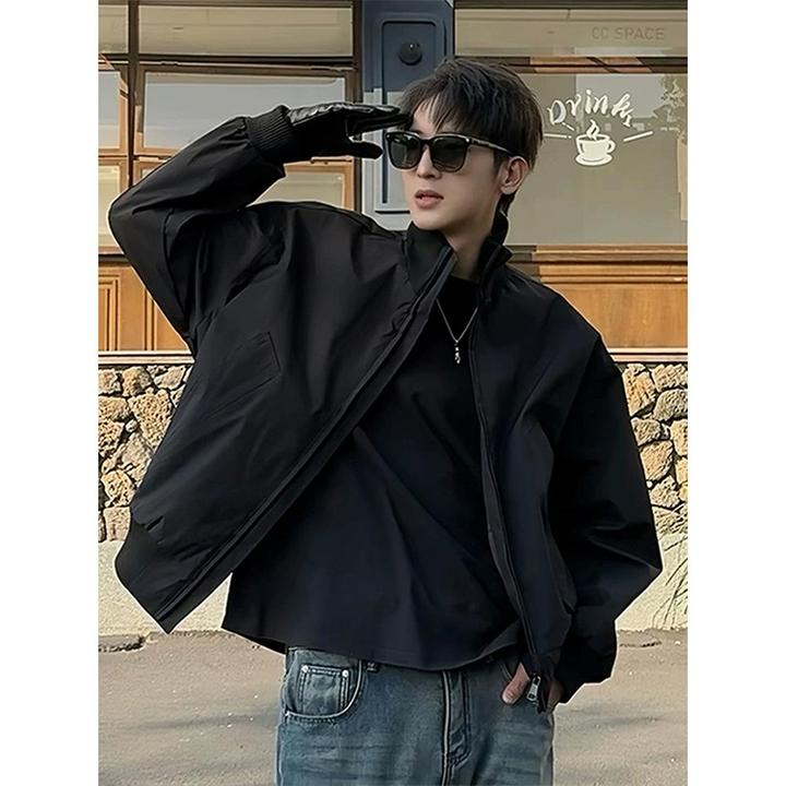 黑色正肩廓形立领飞行夹克男女春秋款高级感美式boxy短款开衫外套