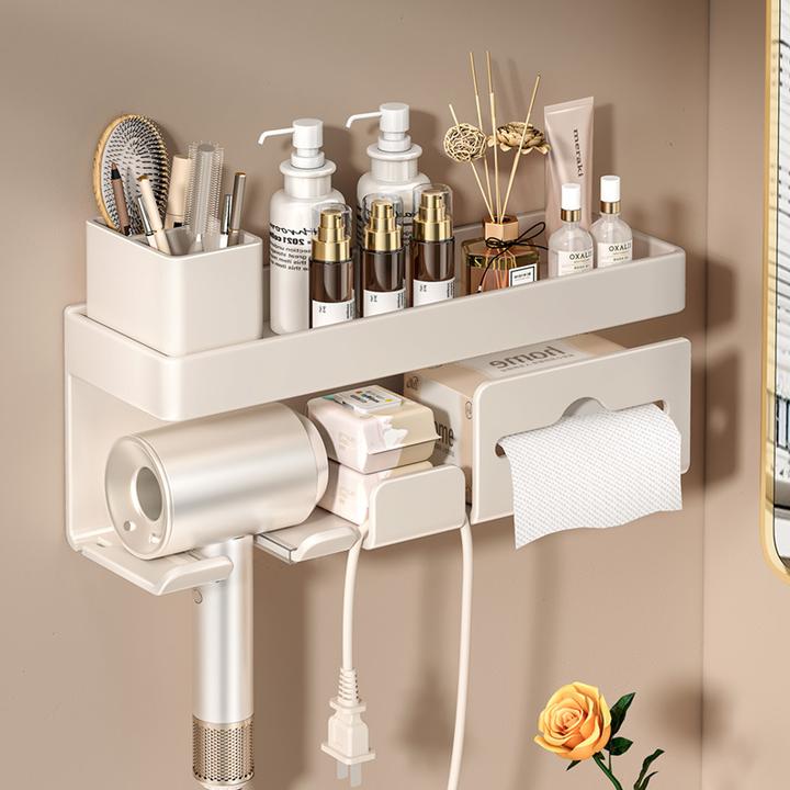 壁挂式奶白吹风机置物架免打孔卫生间电吹风浴室轻奢支架收纳挂架