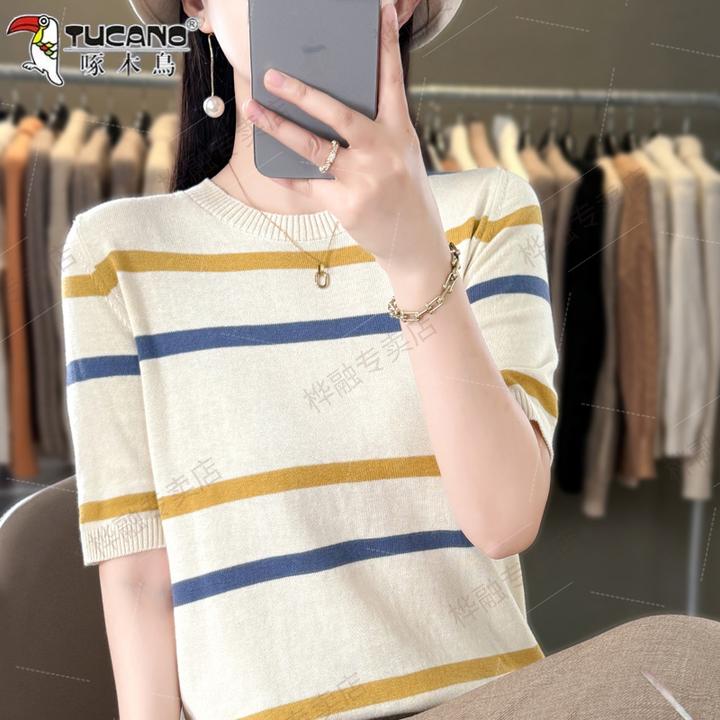啄木鸟夏季新款针织薄款短袖女休闲宽松圆领洋气减龄条纹显瘦上衣