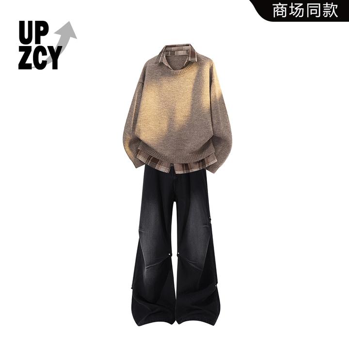UPZCY美式假两件毛衣套装男款秋冬宽松格纹时尚羊毛衫褶皱牛仔裤