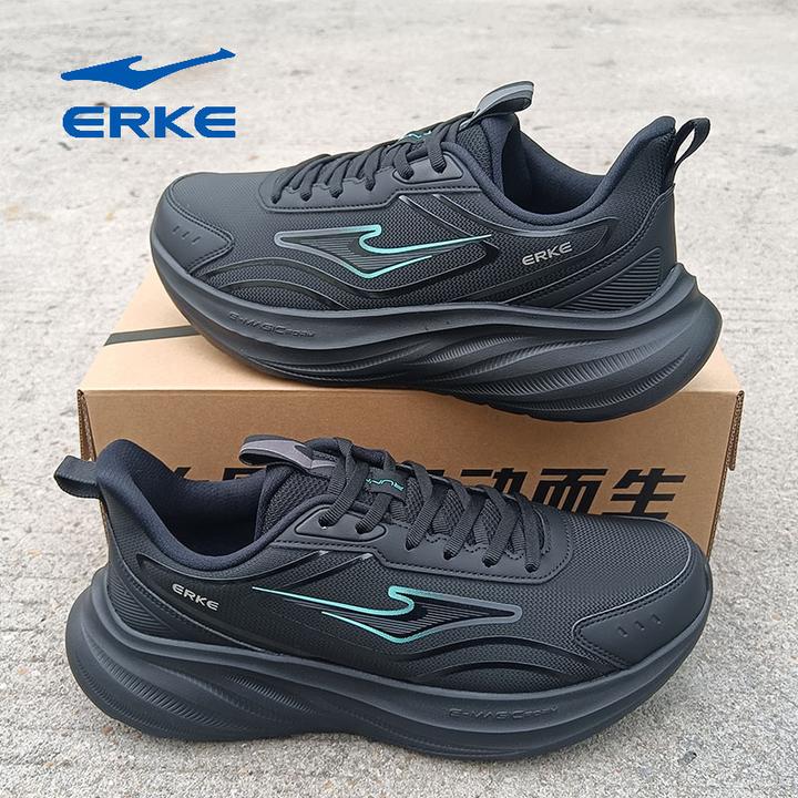 erke/鸿星尔克黑色跑步鞋防泼水春秋运动鞋透气跑鞋减震男款轻便