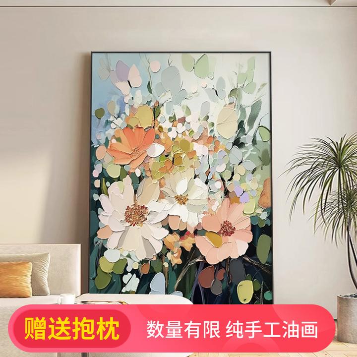 大芬村手绘油画绿色抽象玄关挂画花卉客厅沙发背景墙装饰画肌理画