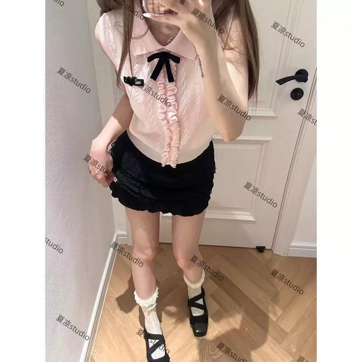 法式学院风木耳边蝴蝶结配饰无袖针织衫