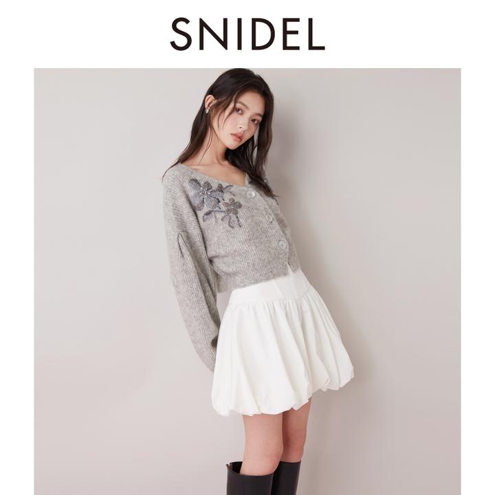 SNIDEL2024秋冬V领钉珠刺绣灯笼袖羊毛针织开衫SWNT245305