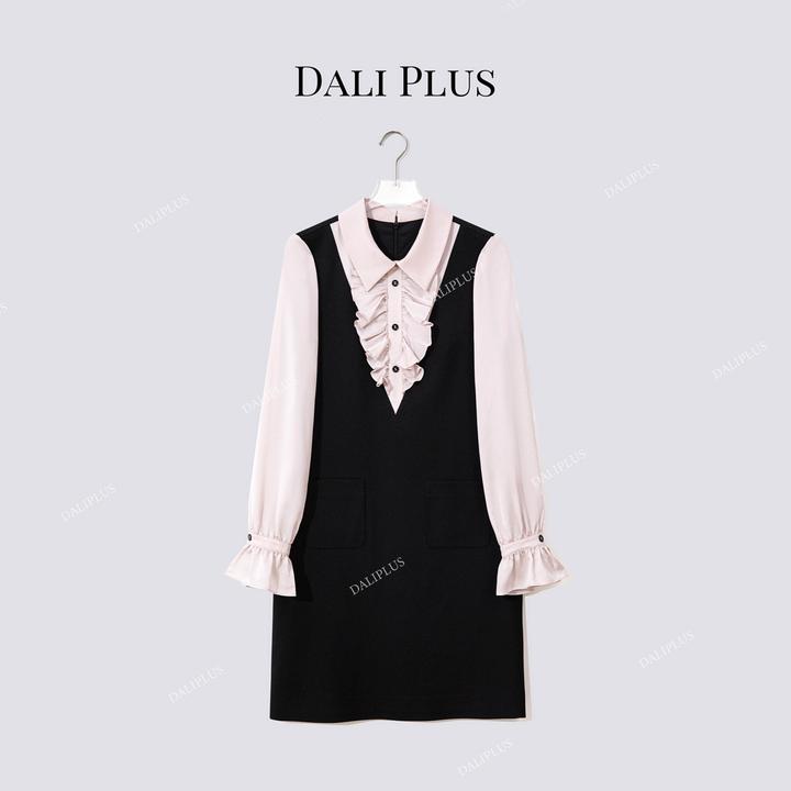 DALI PLUS“假两件黑撞粉”法式领荷叶边长袖连衣裙-D5SS7232