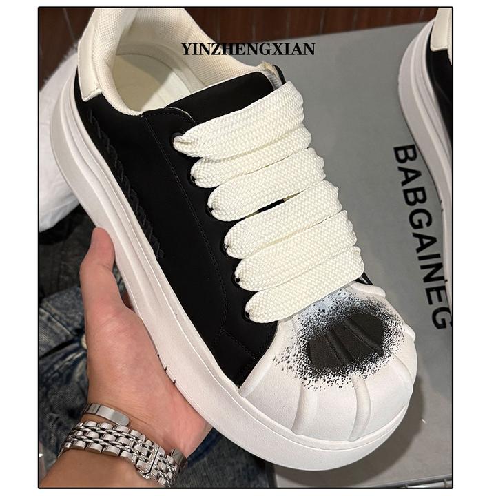 尹政贤 百搭小众休闲板鞋男女厚底增高板鞋小众耐磨鞋头喷墨潮鞋