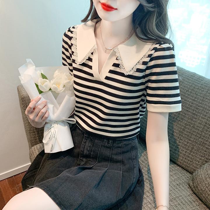甜美减龄蕾丝娃娃领短袖T恤女装2025年夏季新款时尚气质条纹上衣