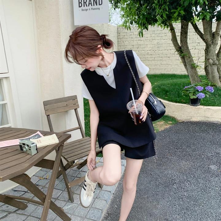 韩系马甲上衣短裤夏日新款ins极简穿搭学院风洋气衣服女宽松套装