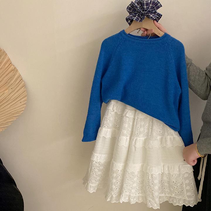 Z-MXM01女童夏季新慵懒风套头毛衣上衣镂空花边蛋糕半身裙两件套