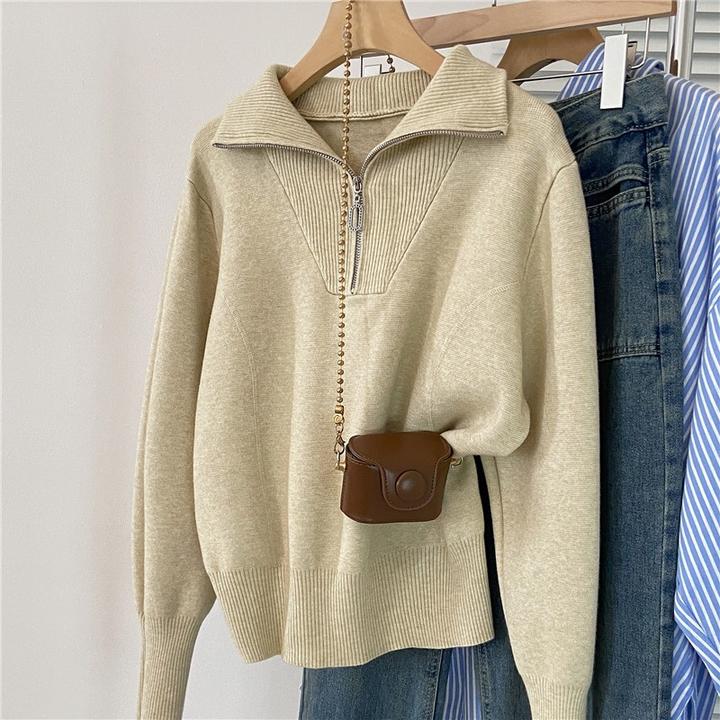 2025秋冬新款宽松高领半拉链针织衫女长袖毛衣百搭纯色套头上衣女