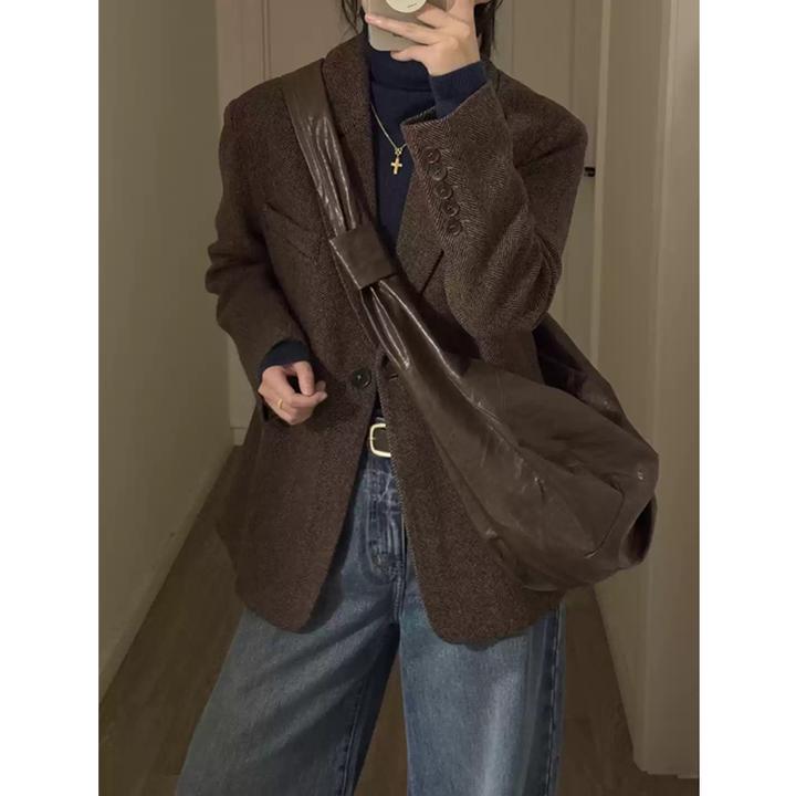 美拉德人字纹2025秋装新款小个子高级感西装外套气质韩系呢子大衣
