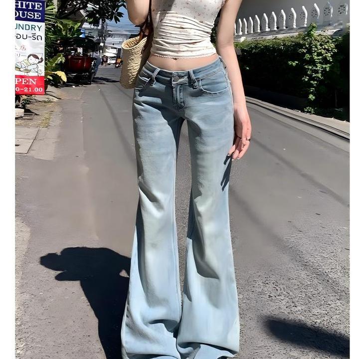 浅蓝色微喇牛仔裤女秋季复古低腰宽松垂感不贴腿拖地直筒裤