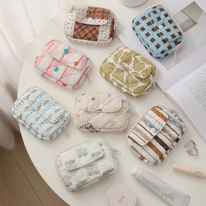 条纹圆点复古绗缝夹棉便携收纳可爱软绵绵零钱包口红收纳小包包包