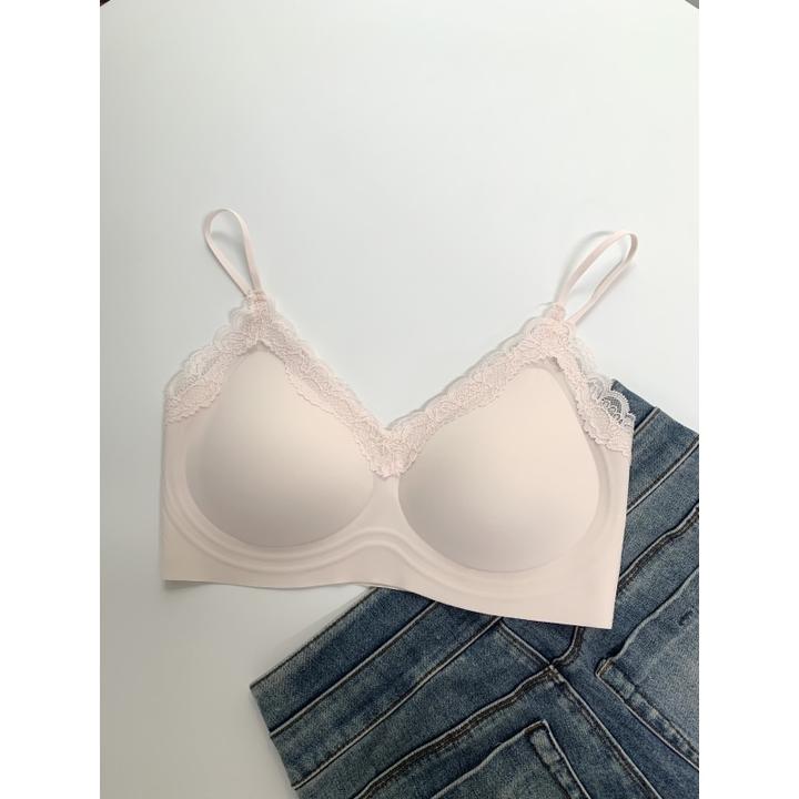 U家同款舒服蕾法式蕾丝细肩带内衣女士小胸聚拢无痕固定杯夏季薄