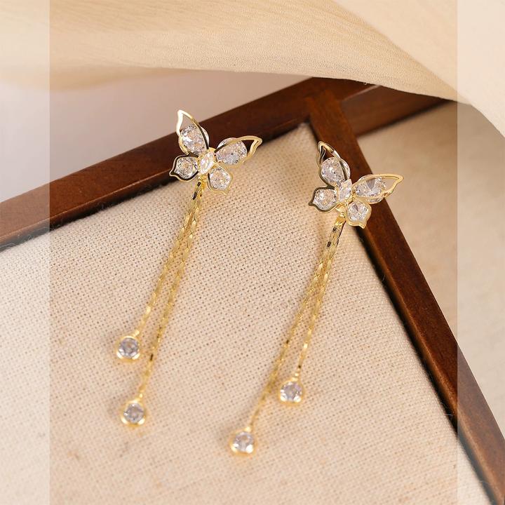 铜合金耳饰 一款两戴蝴蝶流苏耳环女2025新款爆款925纯银金色耳饰