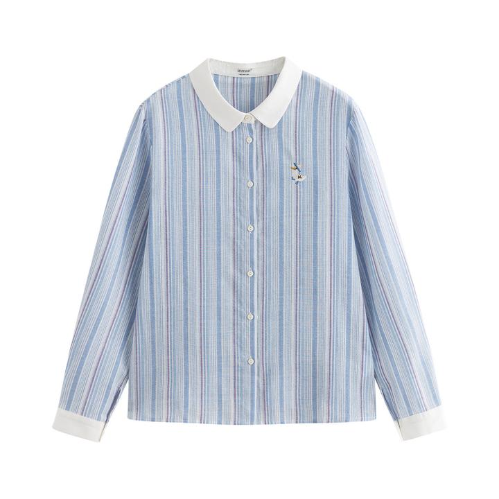 【年终狂欢购】茵曼25秋季文艺学院风条纹衬衣撞色翻领绣花宽松衬
