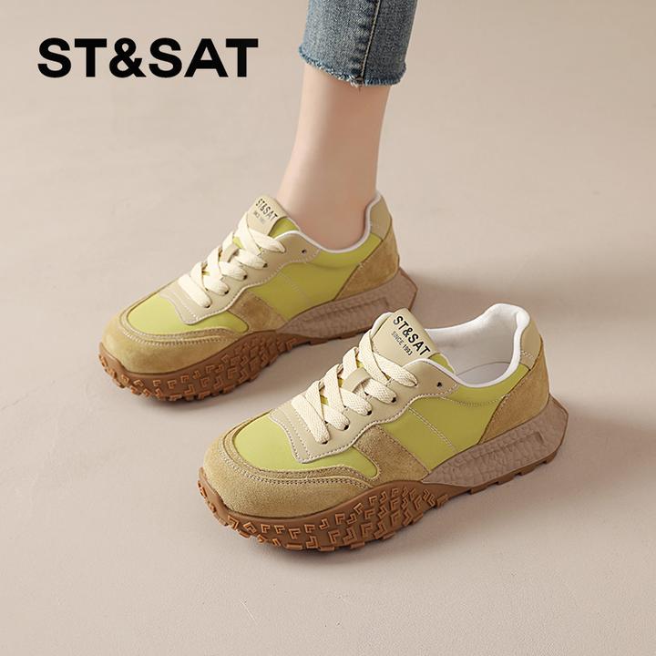 星期六休闲女鞋2025春季复古时尚软底德训鞋拼色厚底显脚小运动鞋