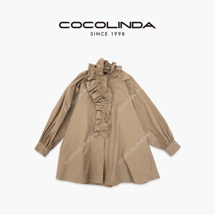 COCOLINDA |  奥风 100%棉复古老钱荷叶领中长款衬衫Q3639A