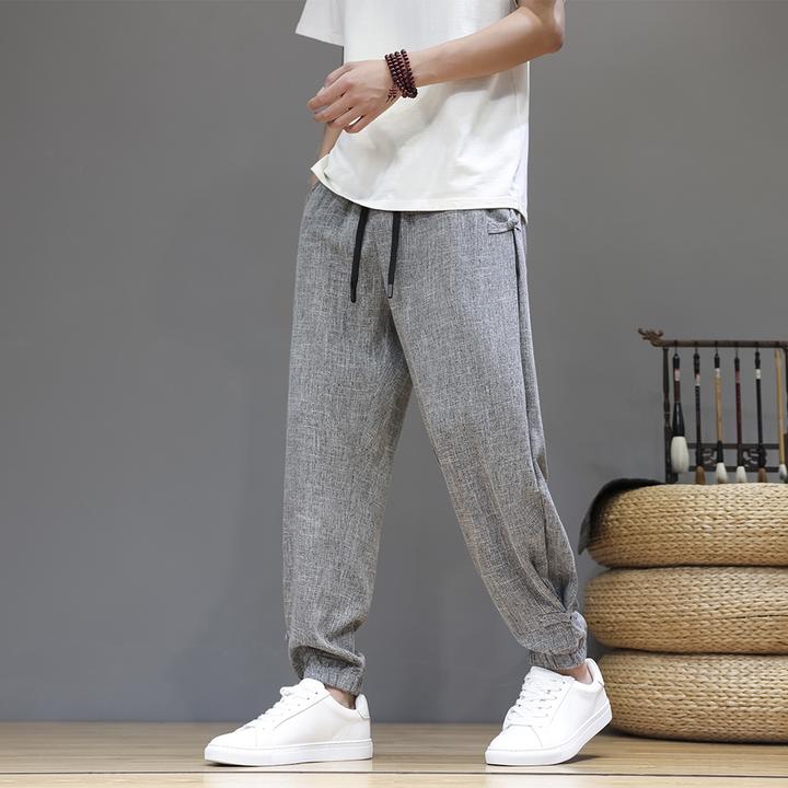 新中式中国风夏季薄款冰丝裤子男时尚潮牌盘扣宽松阔腿运动休闲裤