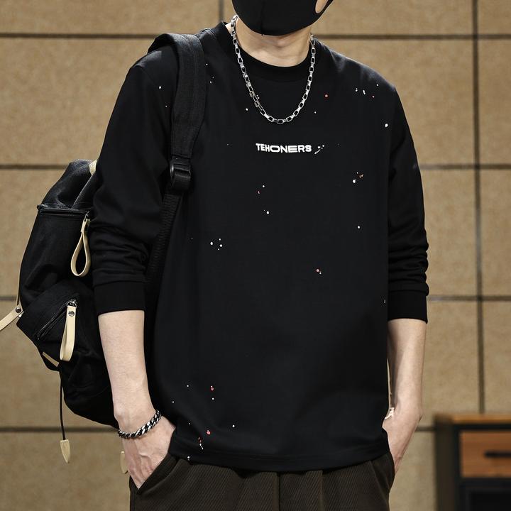 美式复古泼墨设计感重磅260g长袖t恤男士宽松休闲打底衫男上衣服T