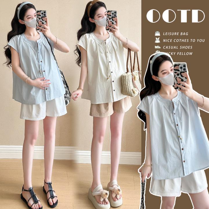 孕妇夏季短袖套装2025新款韩系休闲飞飞袖圆领衬衫托腹短裤两件套
